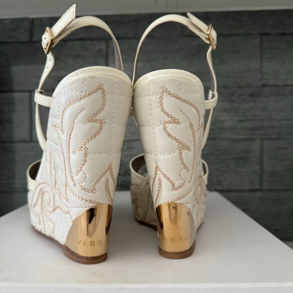 Versace White Patent Leather Quilted Wedge Platform Sandals Size 38.5 - Picture 7 of 14